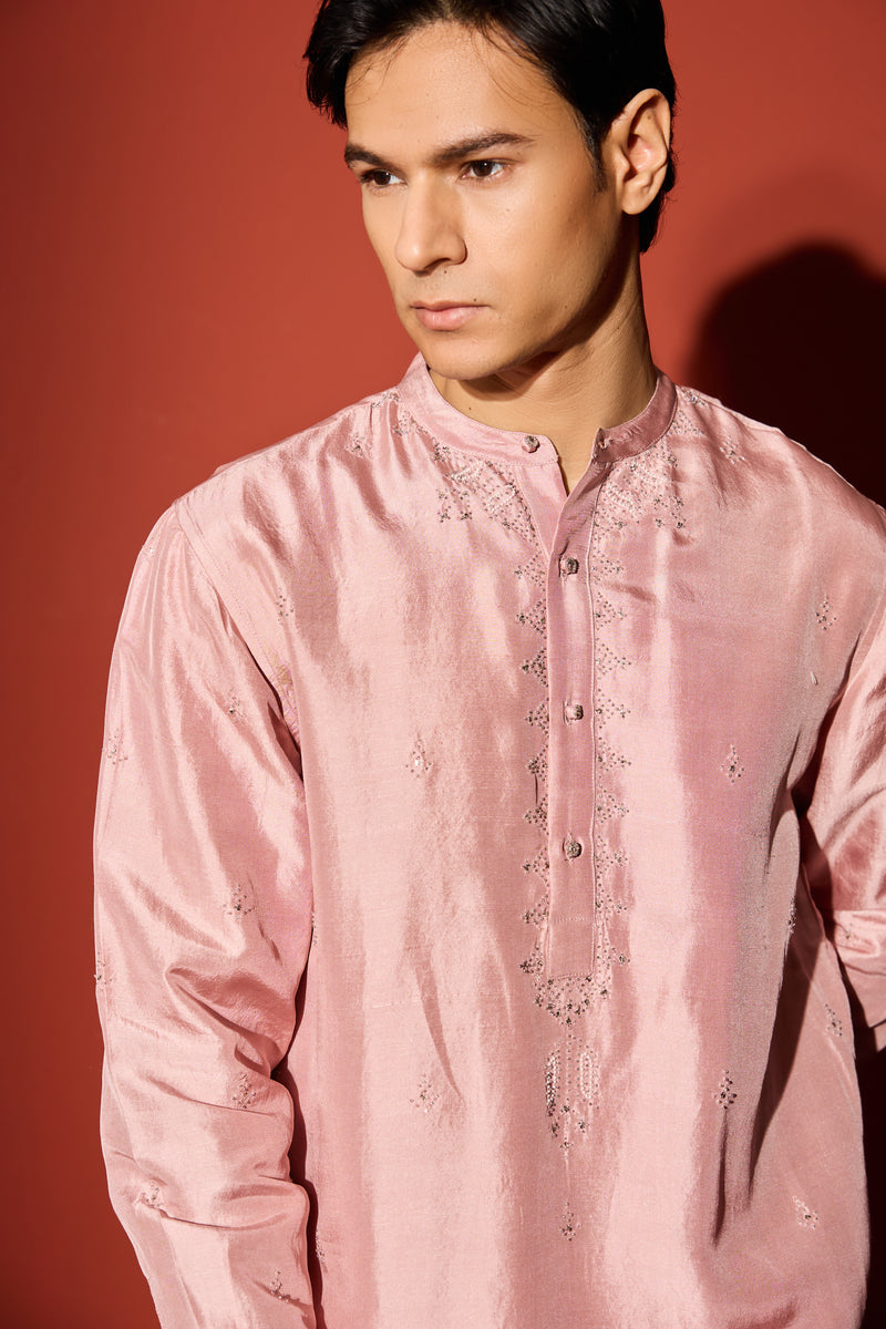 Silk Hand Embroidered Kurta - Peach