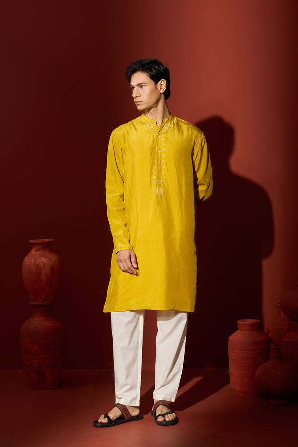 Silk Hand Embroidered Kurta - Yellow