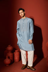 Silk Hand Embroidered Kurta - Blue