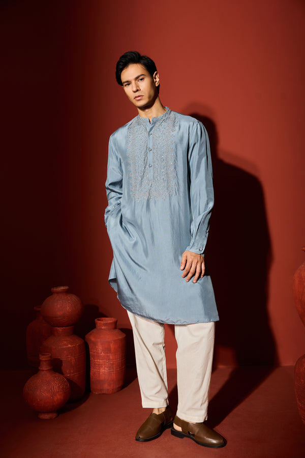 Silk Hand Embroidered Kurta - Blue
