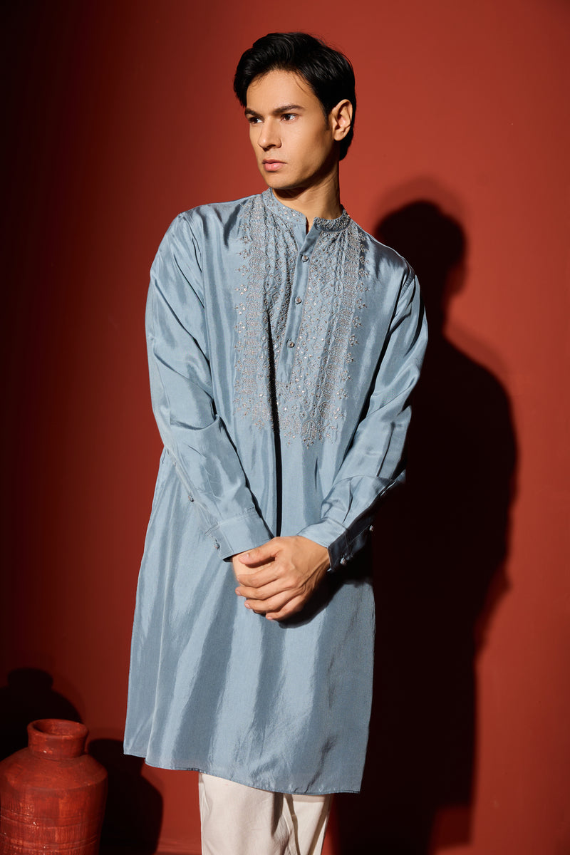 Silk Hand Embroidered Kurta - Blue