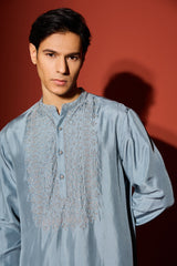Silk Hand Embroidered Kurta - Blue