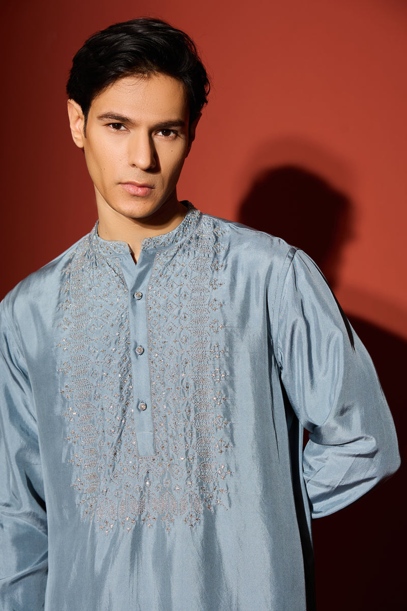 Silk Hand Embroidered Kurta - Blue