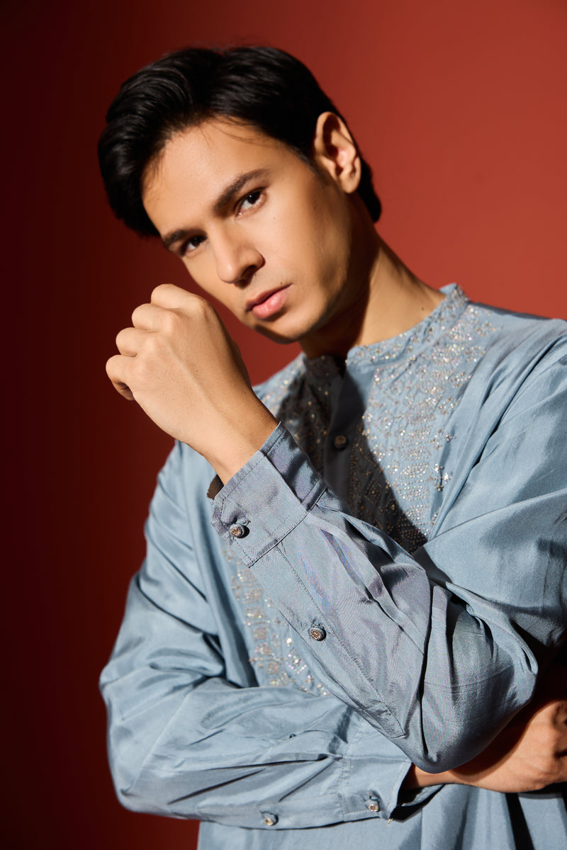 Silk Hand Embroidered Kurta - Blue