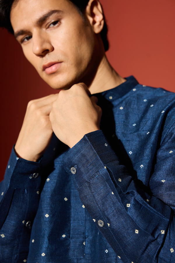 Silk Block Printed Kurta - Blue
