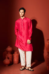 Silk Hand Embroidered Kurta - Pink