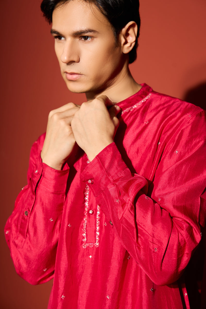 Silk Hand Embroidered Kurta - Pink