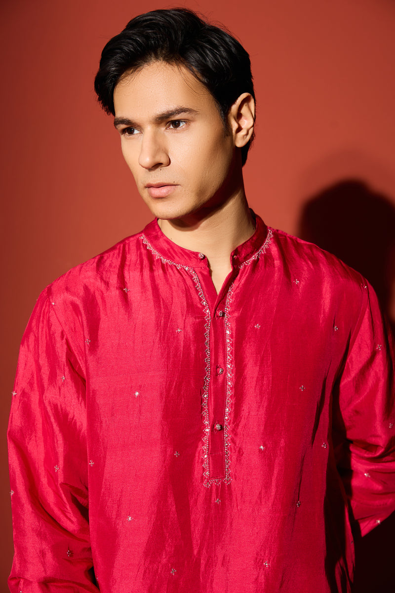 Silk Hand Embroidered Kurta - Pink