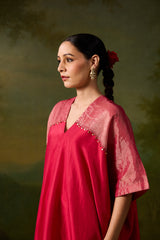Dupion Silk Hand Embroidered Kaftan - Pink