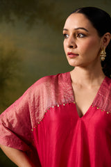 Dupion Silk Hand Embroidered Kaftan - Pink