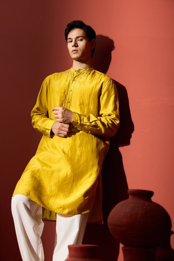 Silk Hand Embroidered Kurta - Yellow
