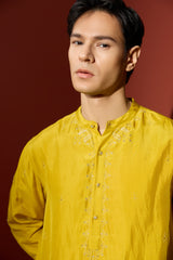 Silk Hand Embroidered Kurta - Yellow
