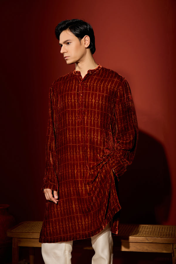 Velvet Printed Kurta - Maroon