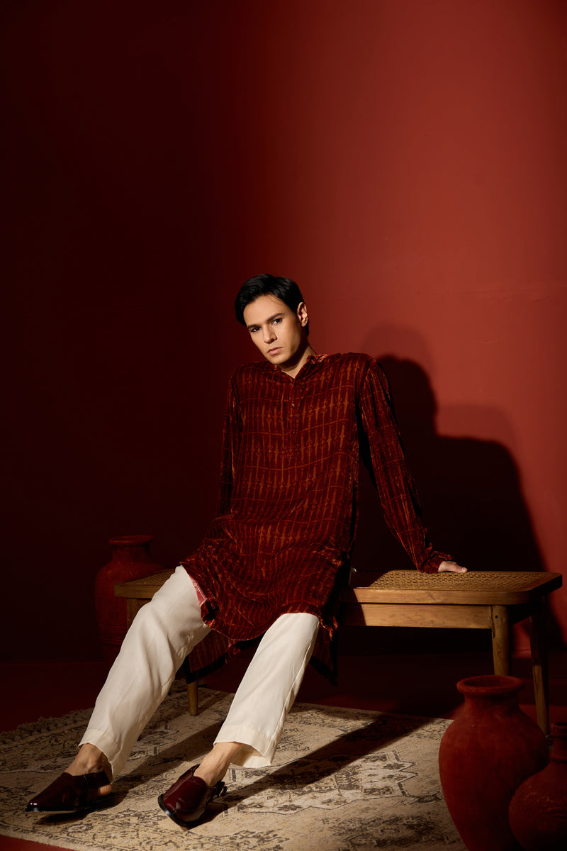 Velvet Printed Kurta - Maroon