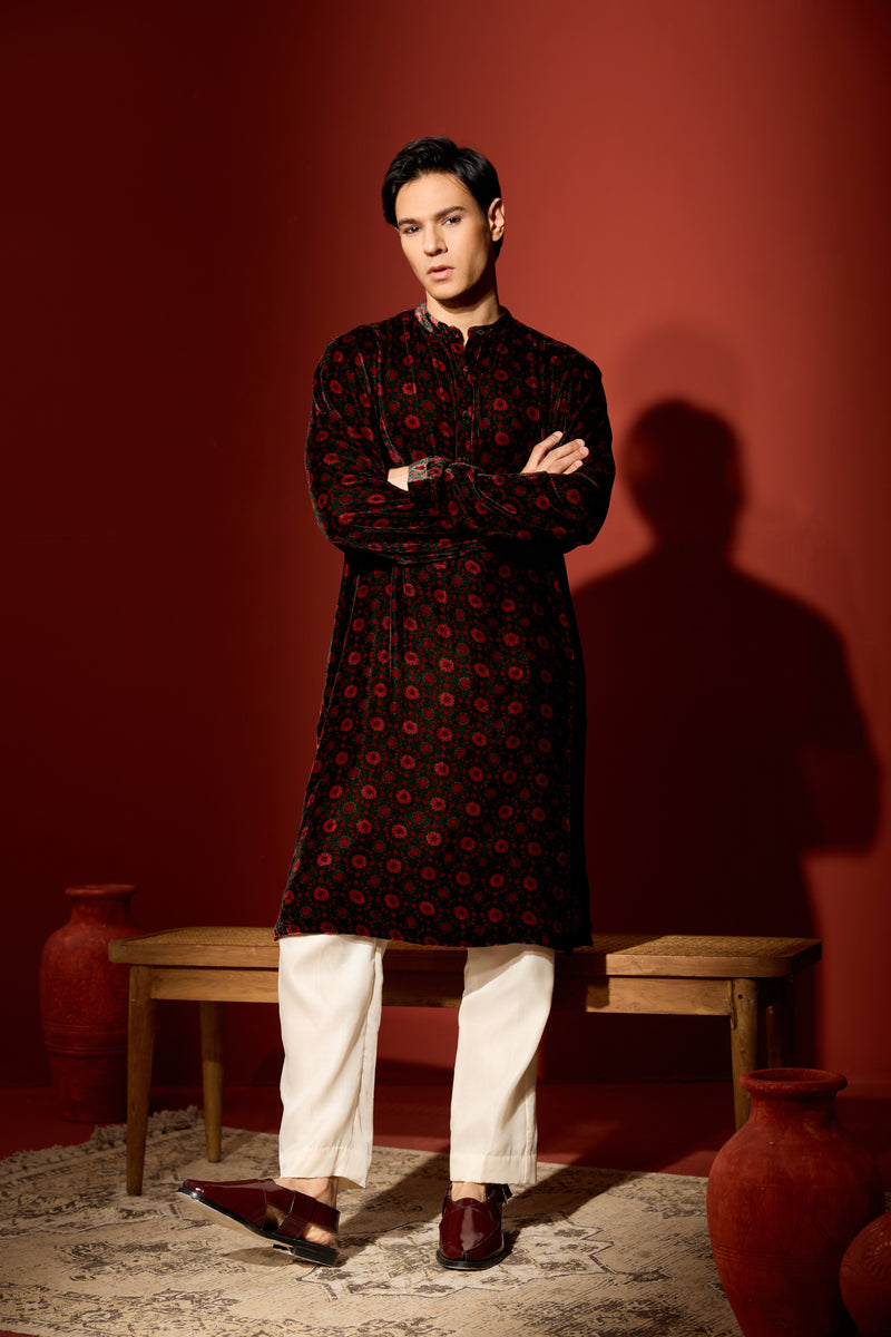Velvet Printed Kurta - Green