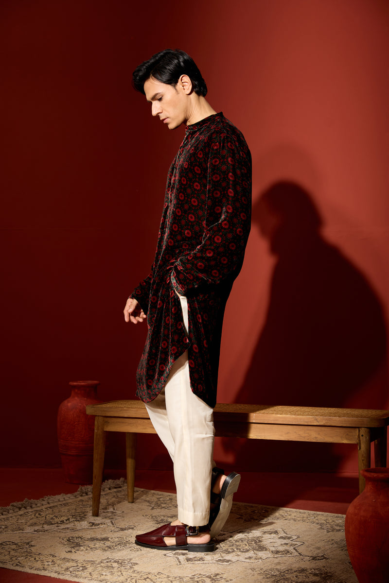 Velvet Printed Kurta - Green
