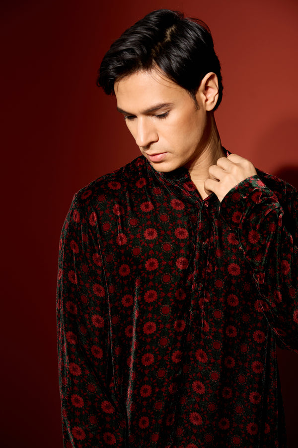 Velvet Printed Kurta - Green