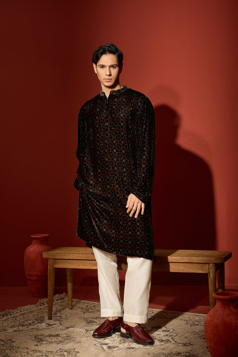 Velvet Printed Kurta - Black