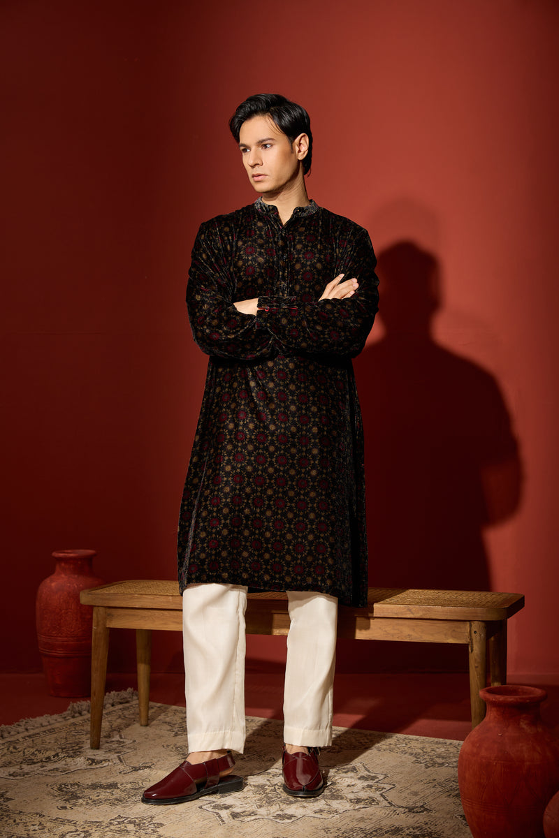 Velvet Printed Kurta - Black