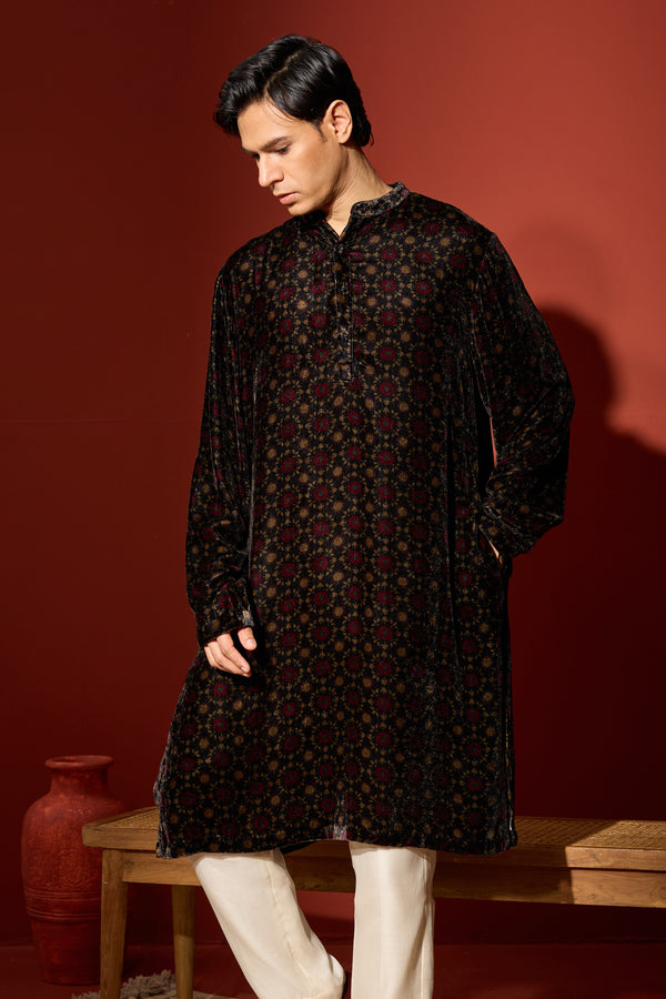 Velvet Printed Kurta - Black