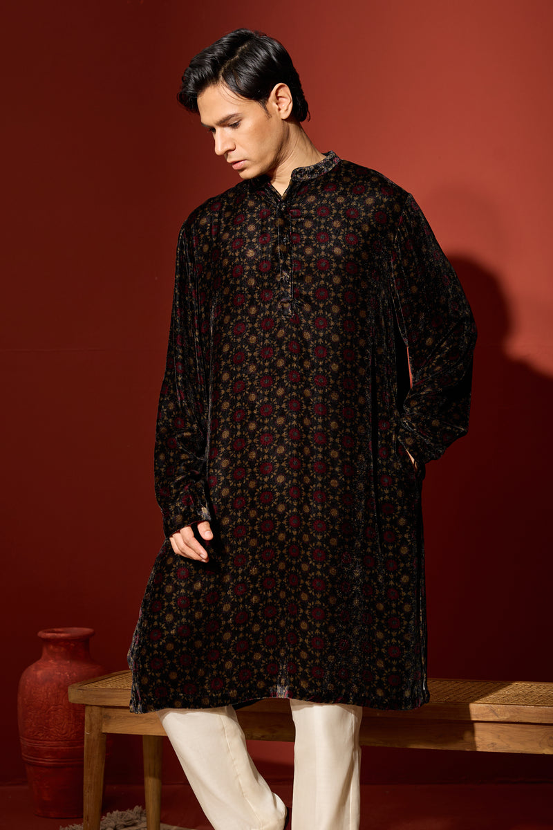 Velvet Printed Kurta - Black
