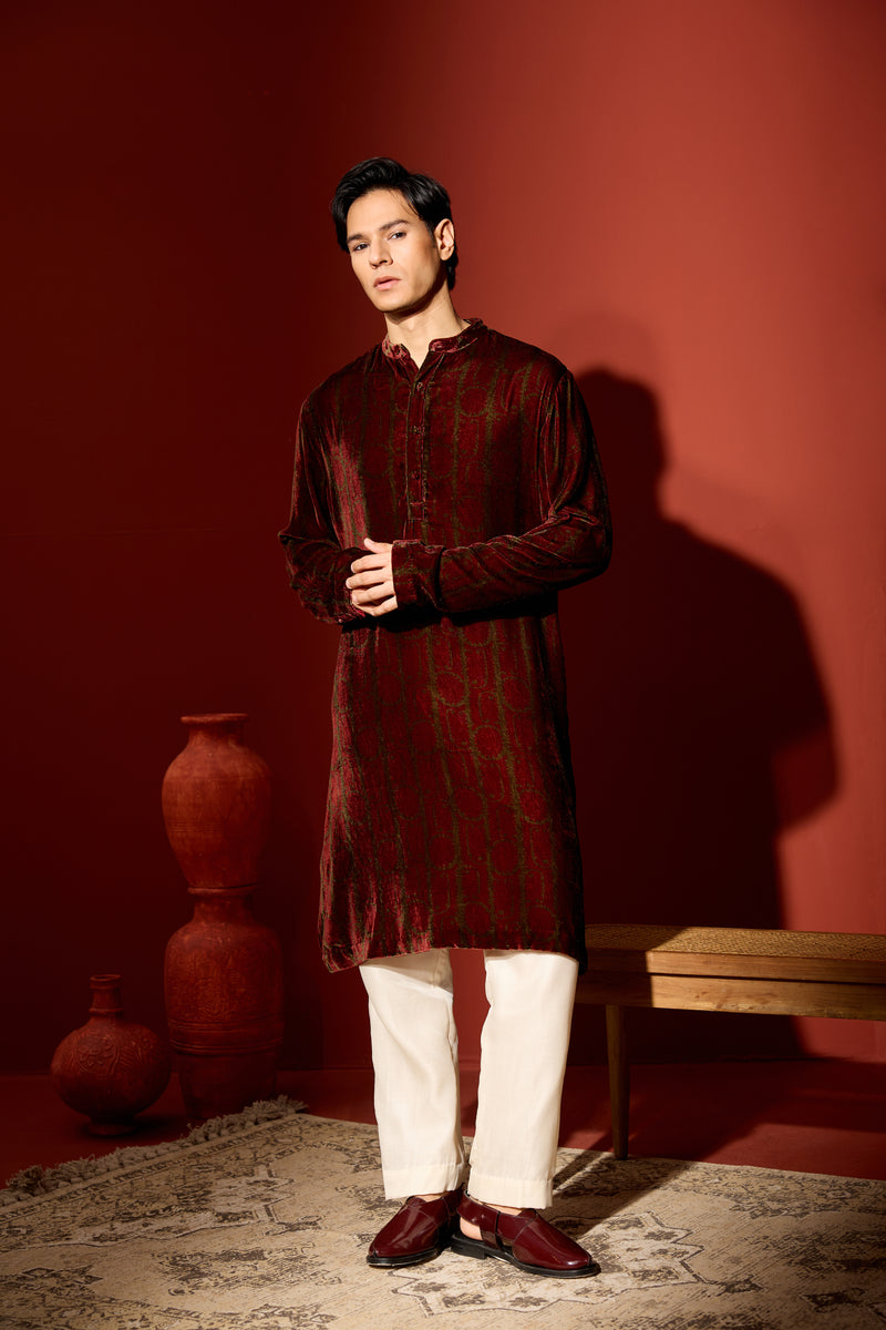 Velvet Printed Kurta - Green