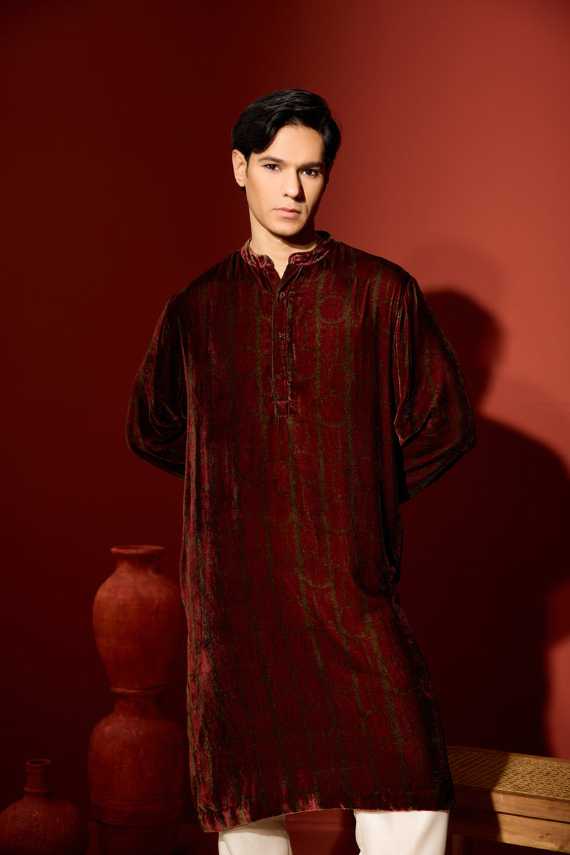 Velvet Printed Kurta - Green