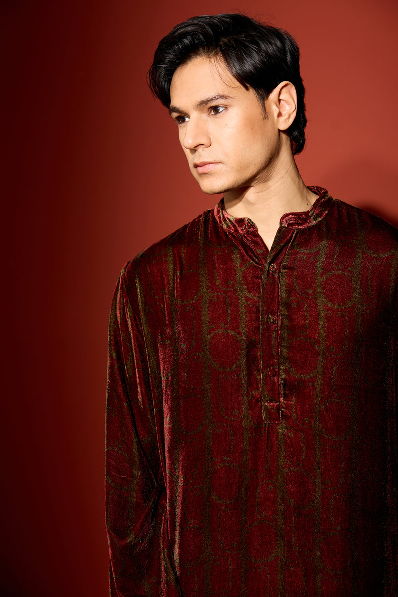 Velvet Printed Kurta - Green
