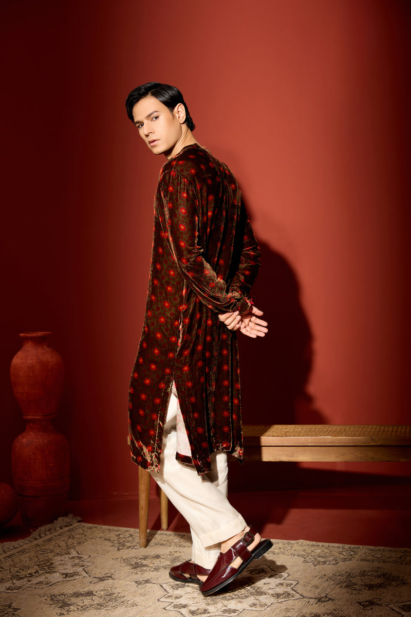 Velvet Printed Kurta - Green
