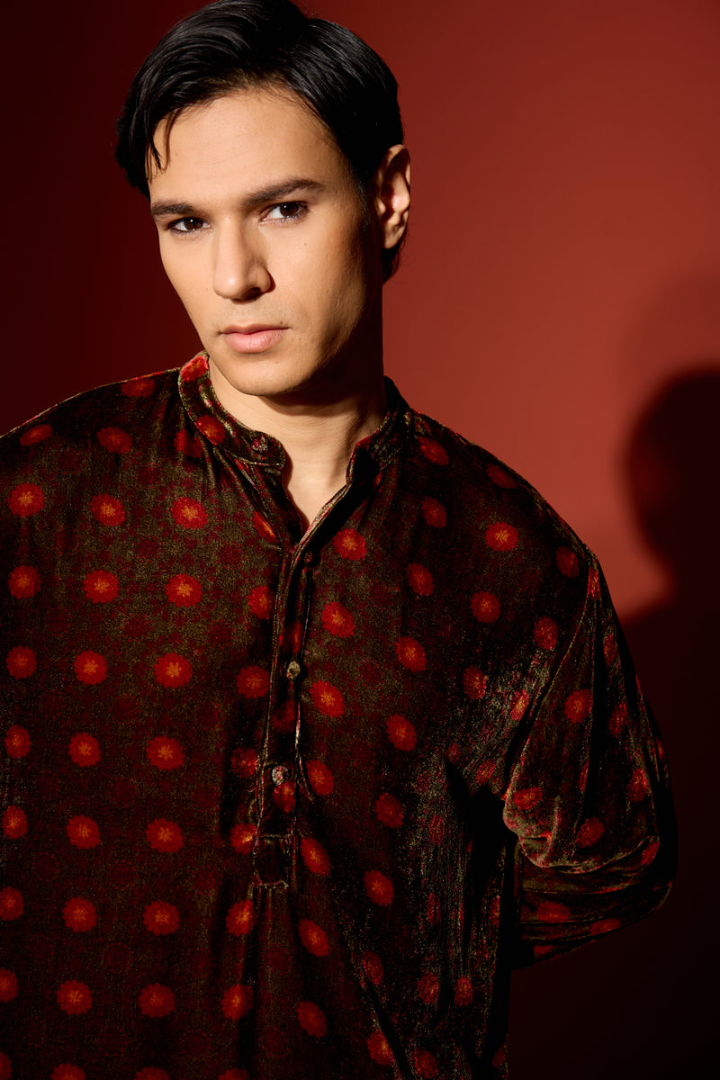 Velvet Printed Kurta - Green