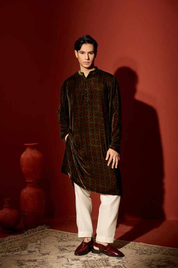 Velvet Printed Kurta - Green