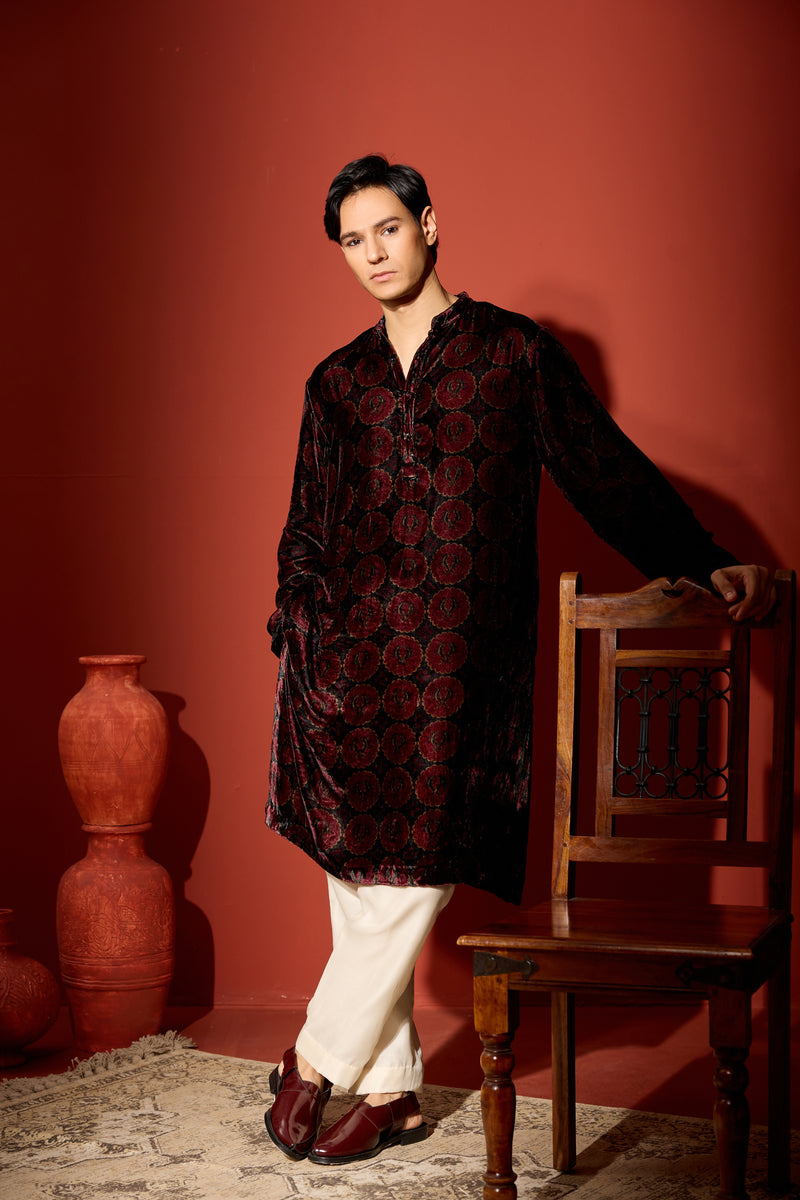 Velvet Printed Kurta - Black