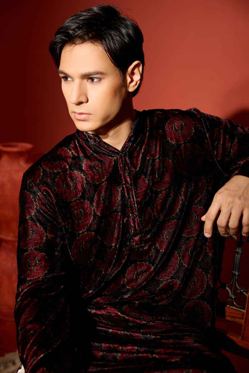 Velvet Printed Kurta - Black
