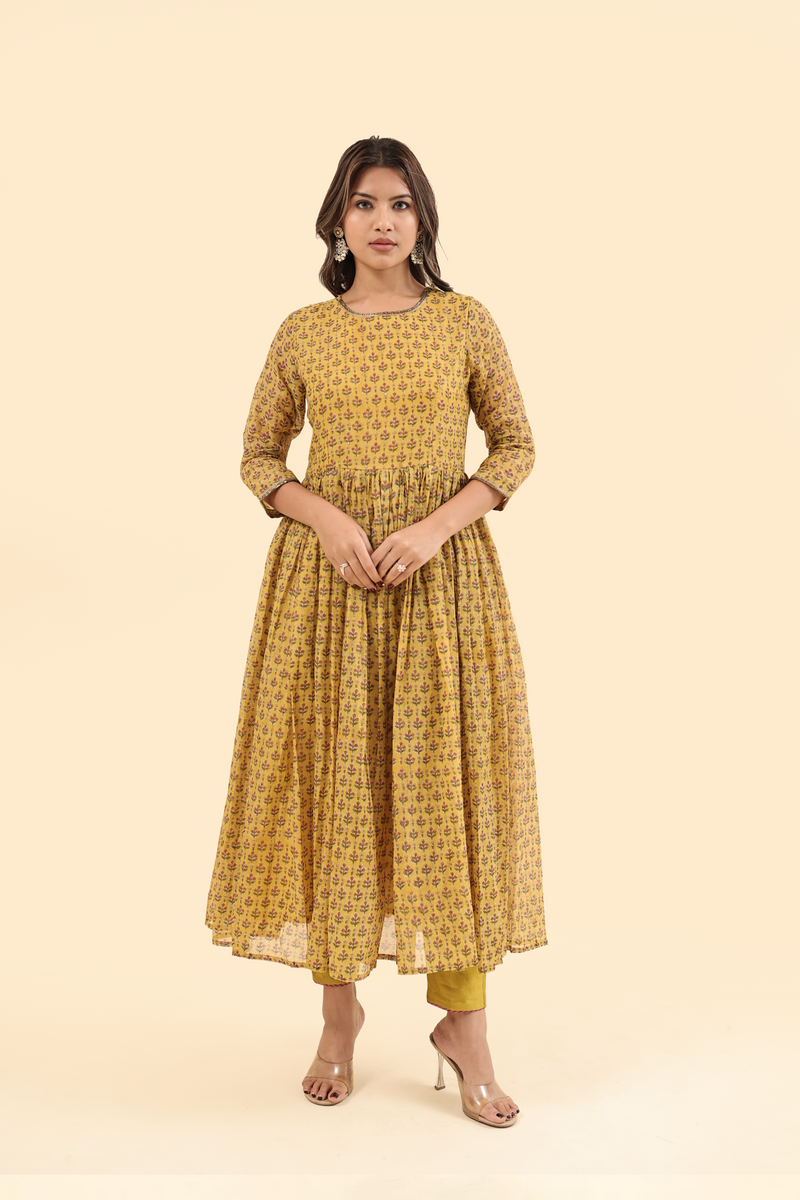 Chanderi Hand Block Printed Embroidered Kurta - Yellow