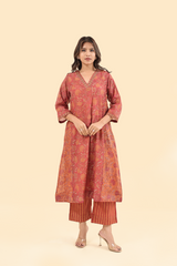 Chanderi Hand Block Printed Embroidered V Neck Kurta - Orange