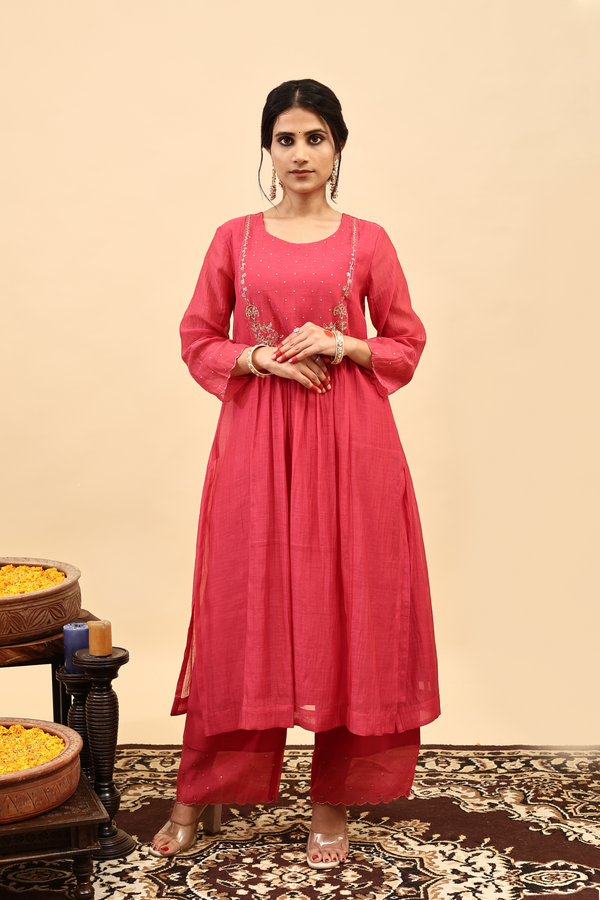 Chanderi Hand Work Kurta - Pink