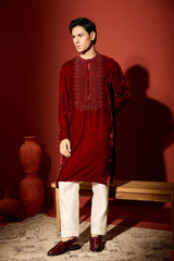 Velvet Hand Embroidered Kurta -Maroon