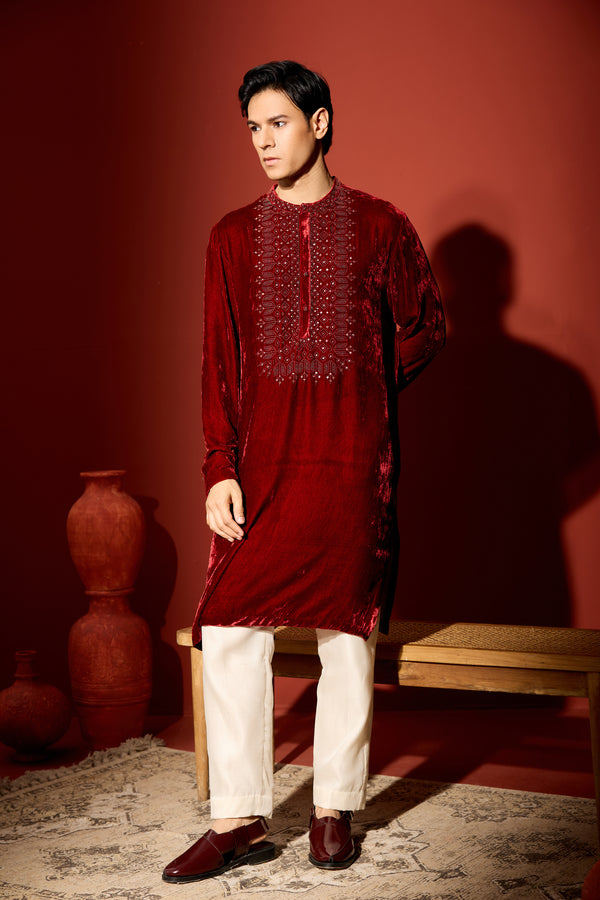 Velvet Hand Embroidered Kurta -Maroon