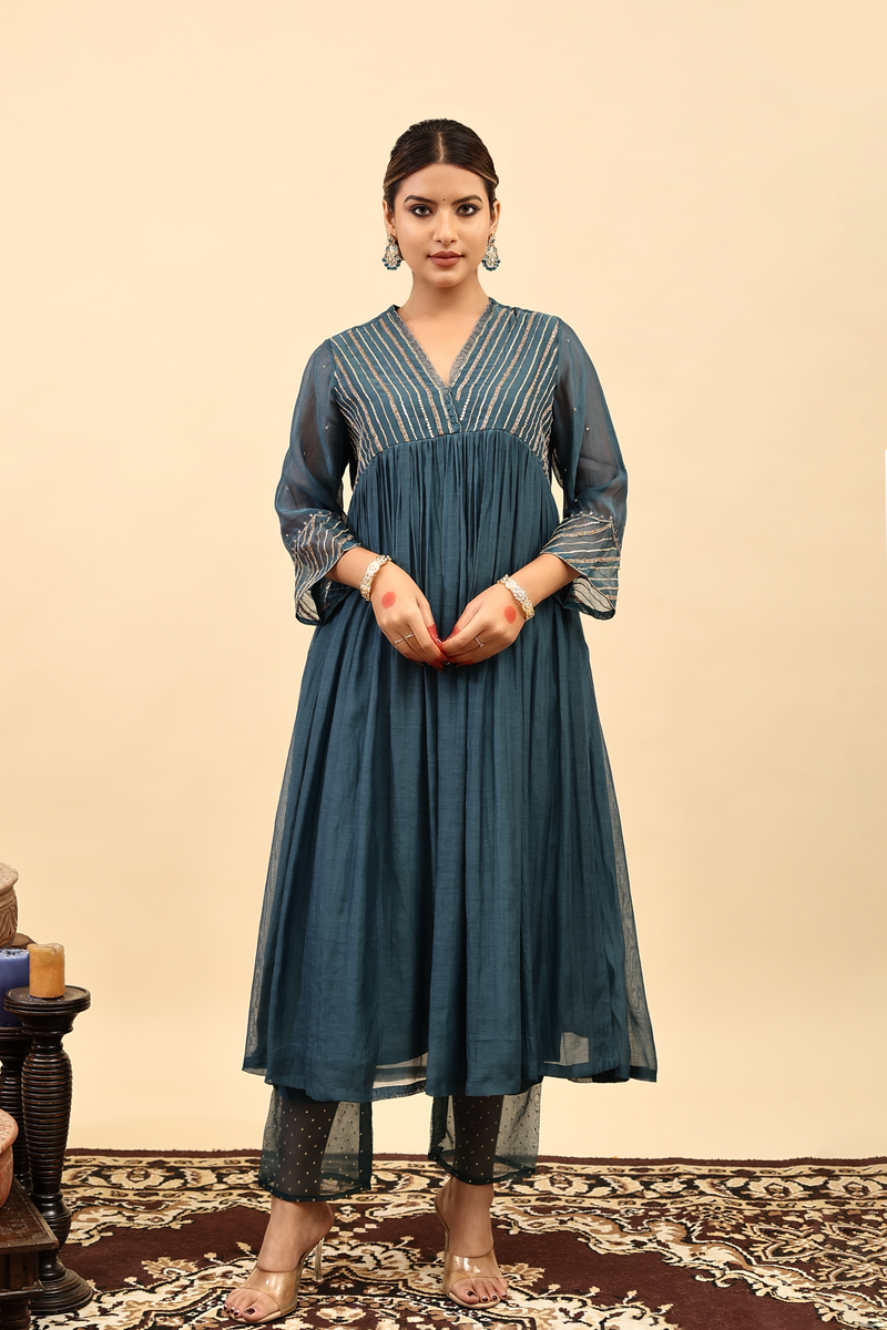 Chanderi Hand Work Kurta - Blue