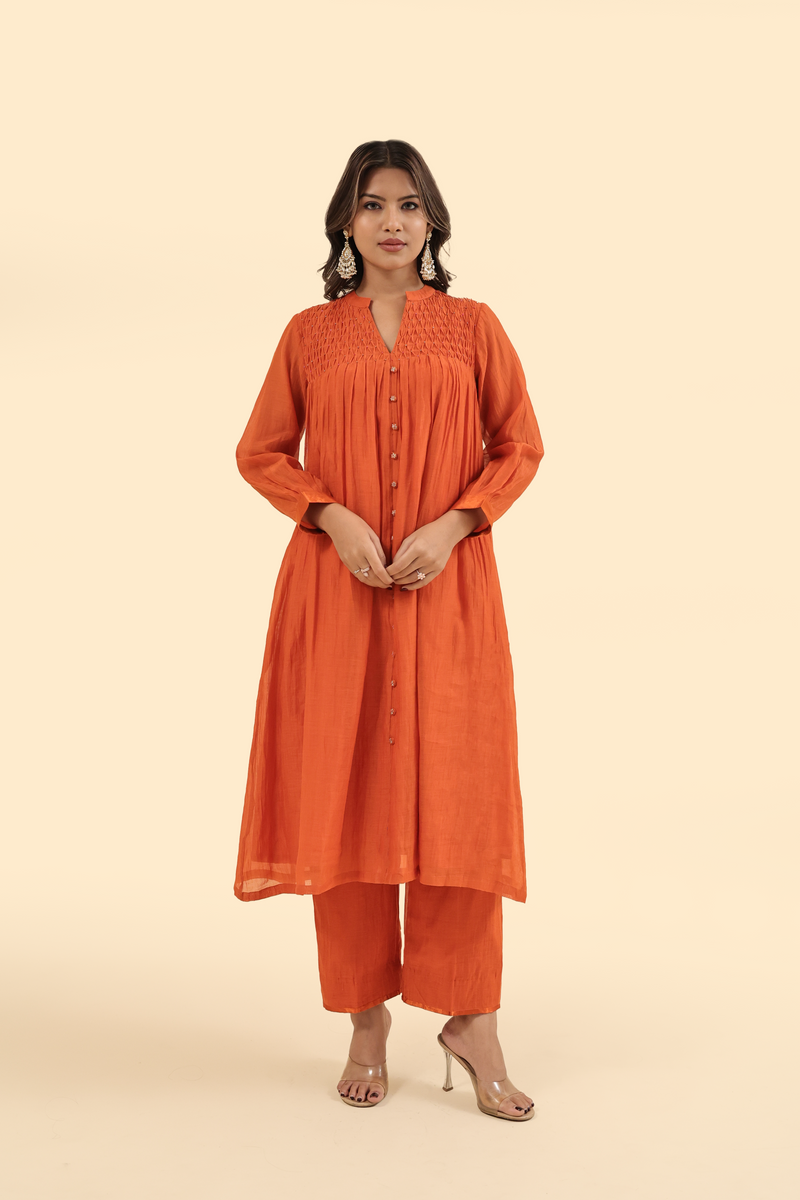 Chanderi Hand Embroidered Kurta - Orange