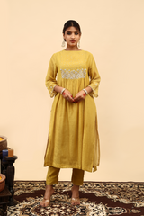 Chanderi Hand Work Kurta - Yellow