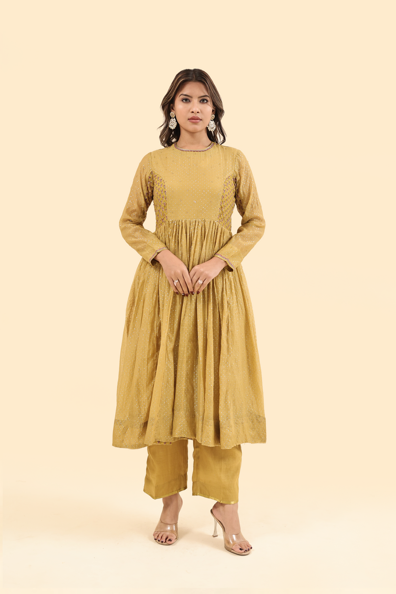 Chanderi Hand Block Printed Embroidered Kurta - Yellow