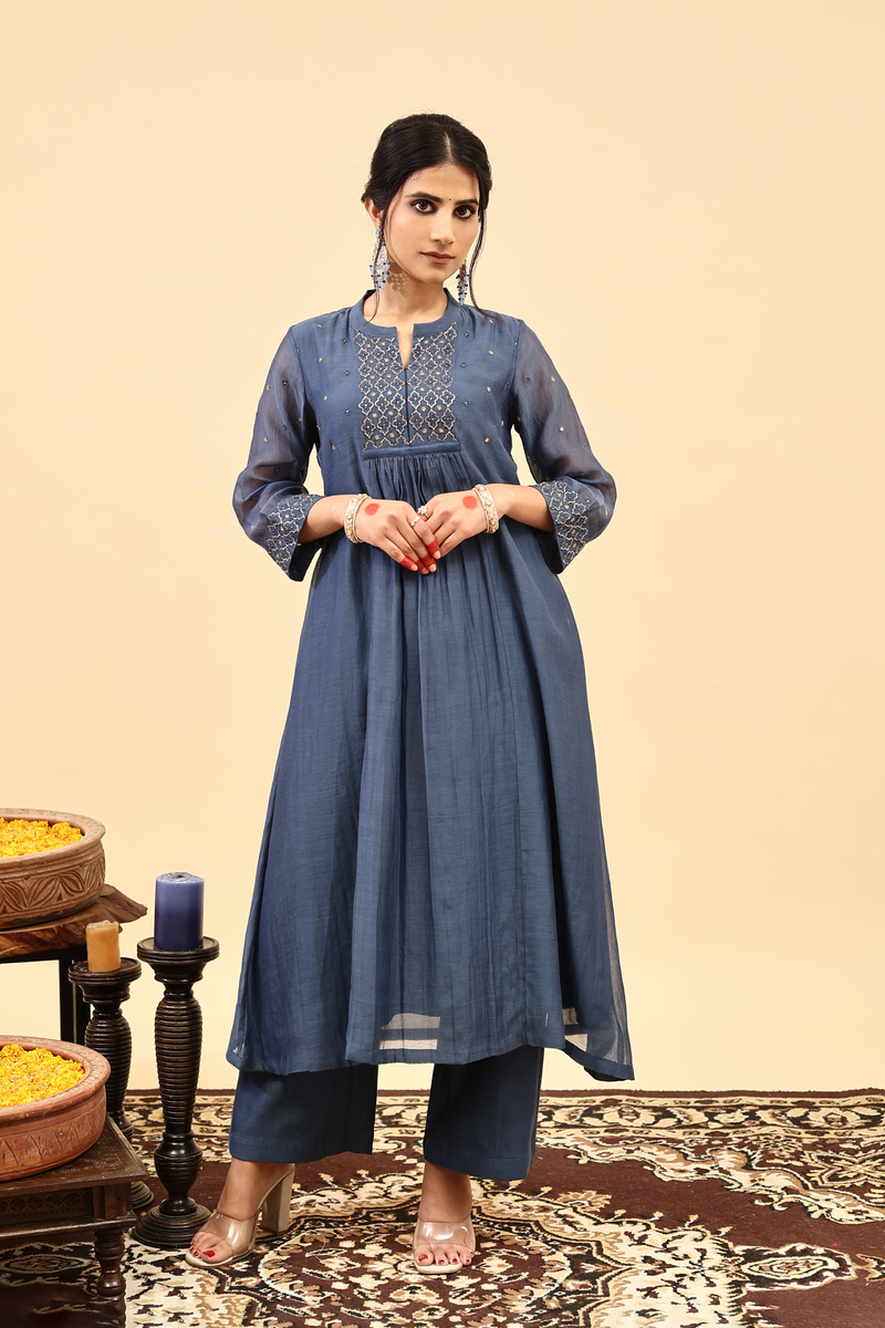 Chanderi Hand Work Kurta - Blue