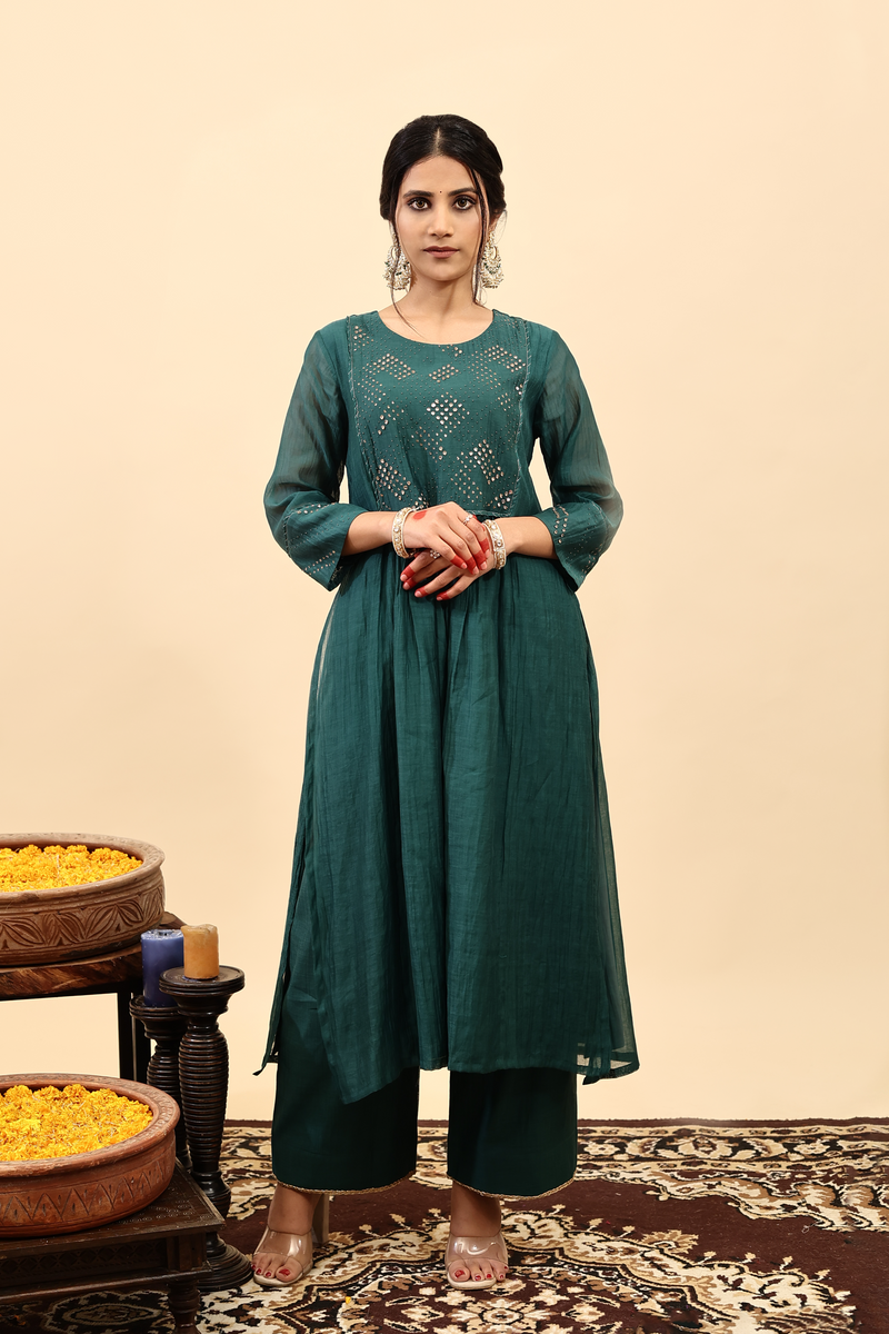 Chanderi Hand Work Kurta - Green