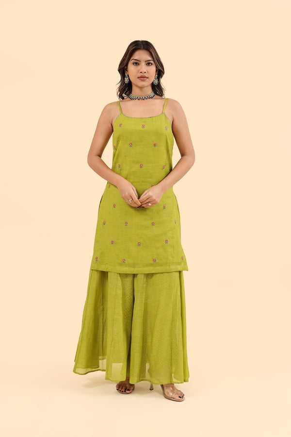 Chanderi Hand Embroidery Kurta - Green