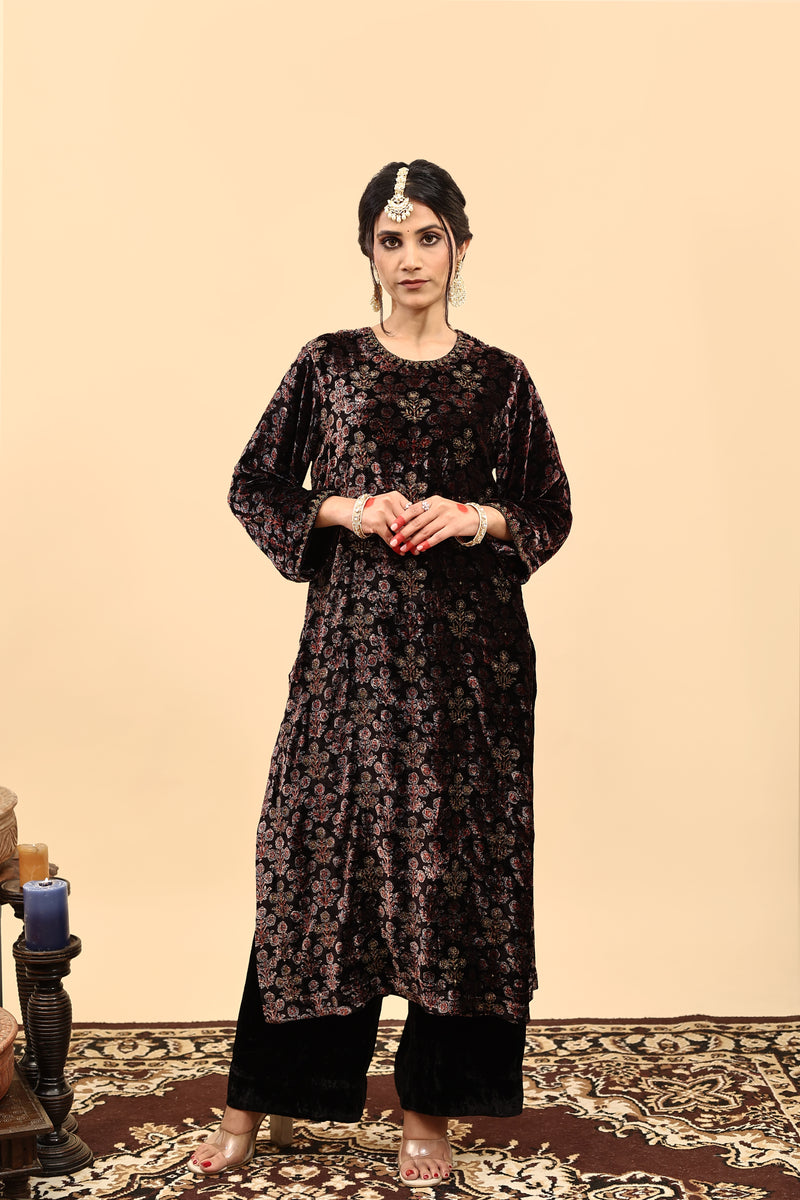 Velvet Ajrakh Print Hand Work Kurta - Black