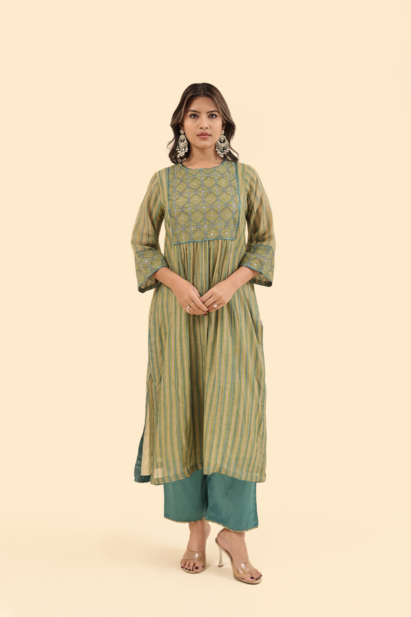 Chanderi Hand Block Printed Embroidered Kurta - Green