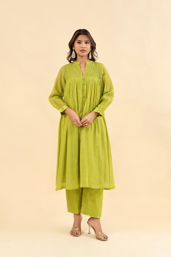 Chanderi Hand Embroidered Kurta - Green