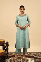 Organza Tissue Hand Work Kurta - Blue