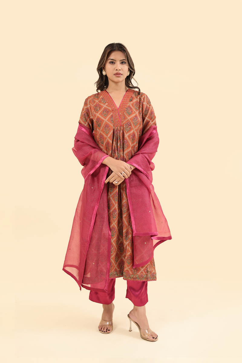 Chanderi Hand Block Printed V Neck Kurta - Orange